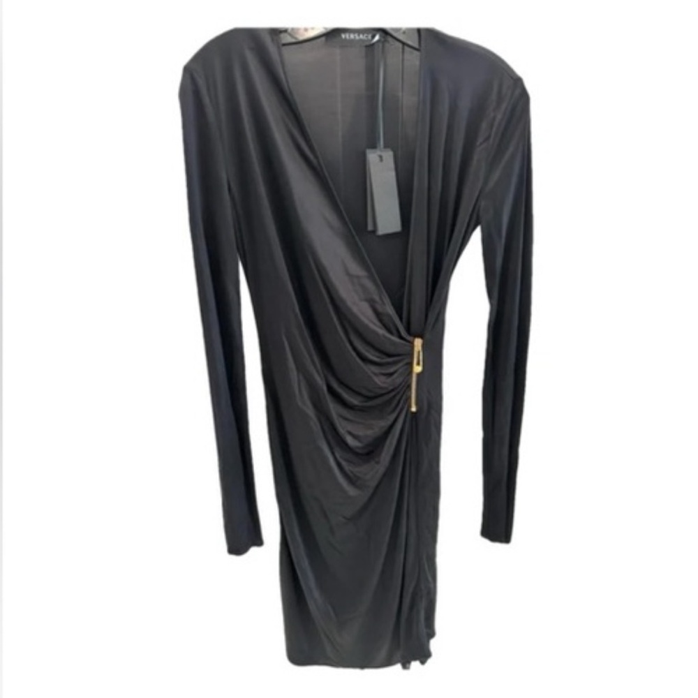 Versace NWT Black Bodycon Long Sleeve Midi Dress with Gold Medusa Head (Size 38)